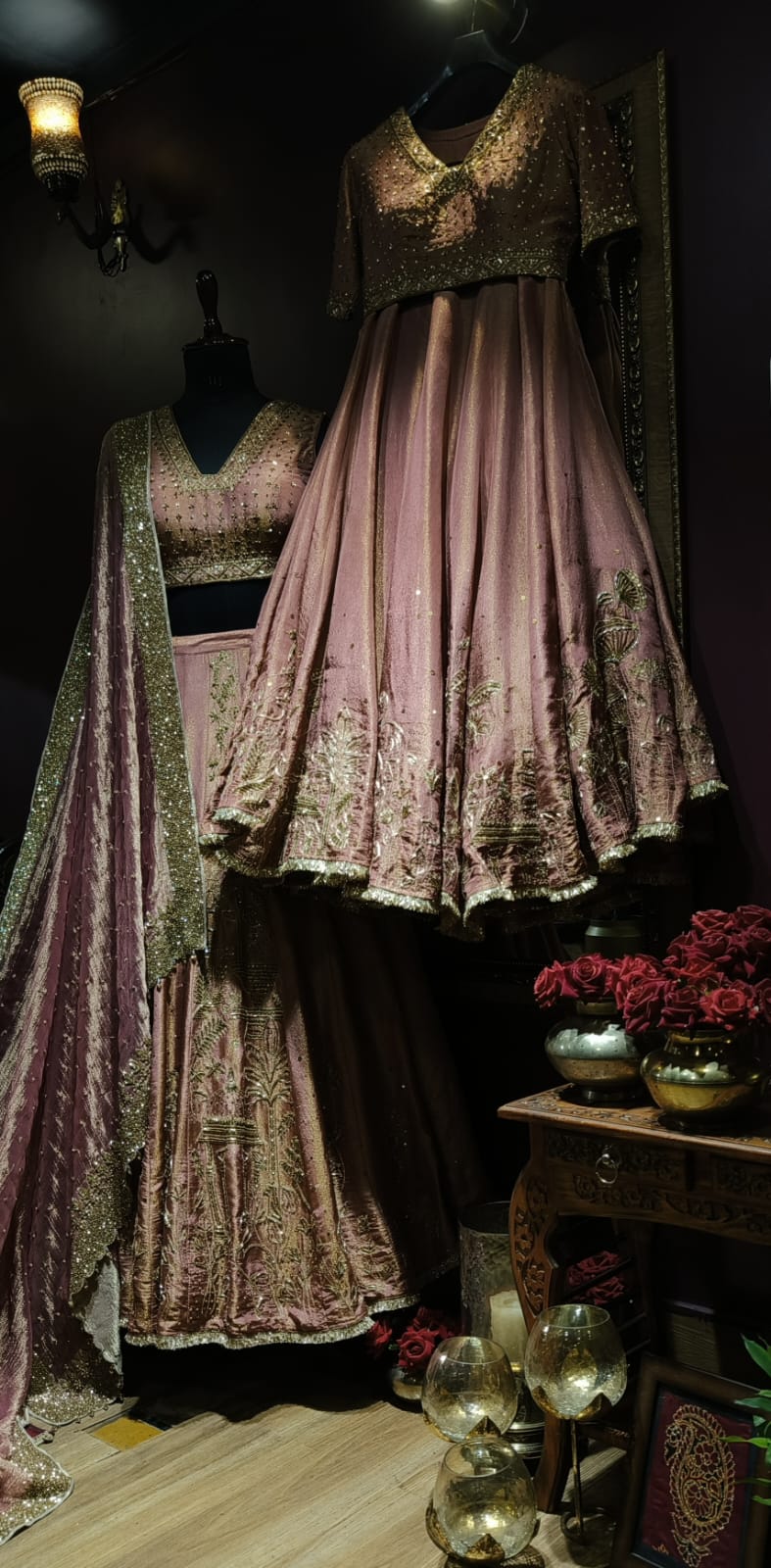 Rose-gold bridal lehenga photographed in the Bhopal atelier