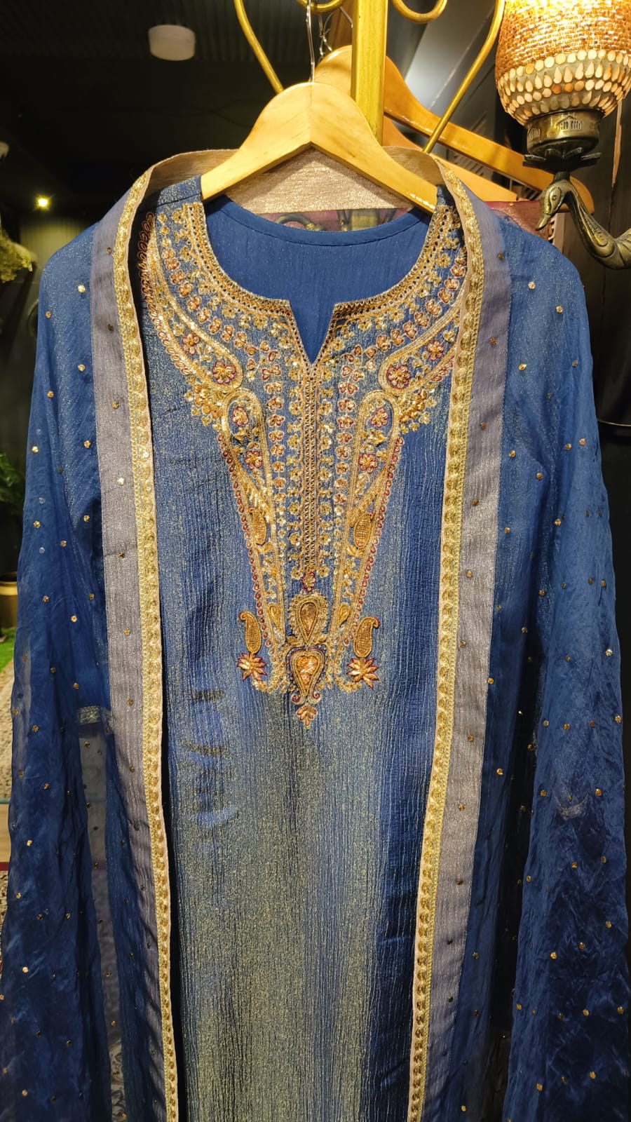 Indigo silk luxury pret kurta with gold zardozi neckline